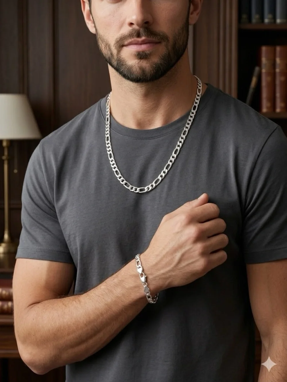 New Stainless Steel Figaro Chain Necklace (22”) & Bracelet (8”) Set